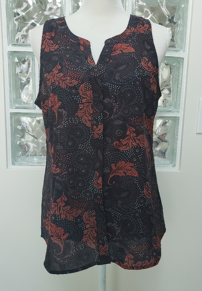 Sanctuary brown orange fall print sleeveless sheer top L